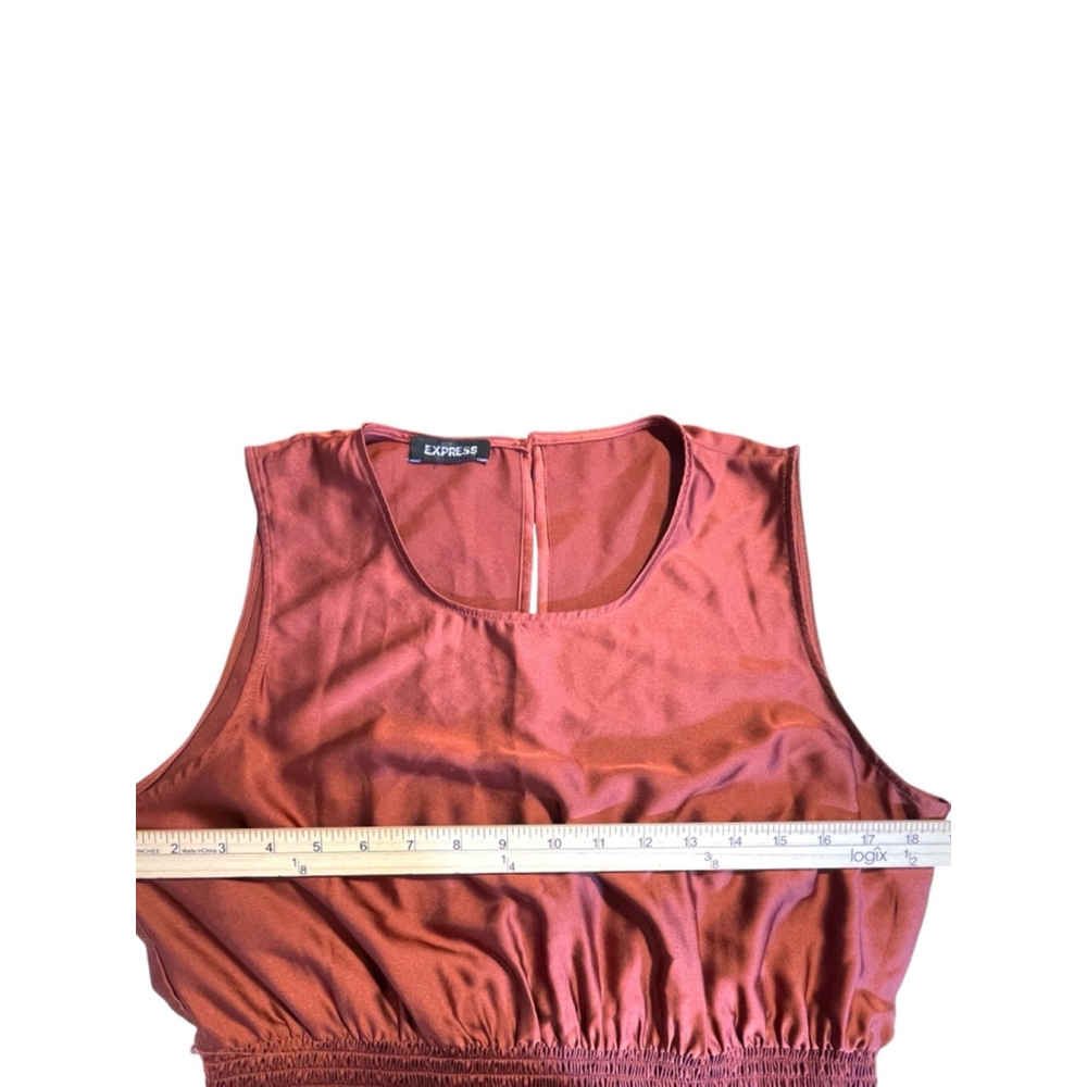 L Express burnt orange, rust, satin sleeveless,pleated skirt asymmetric hemline - Picture 3 of 8